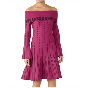 Prabal Gurung Off Shoulder Knit Dress 8 Mauve Pink Black Cocktail Bell Sleeve - Picture 1 of 8