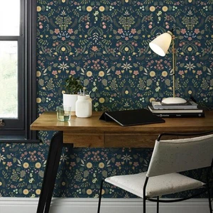 Navy Blue Floral Peel and Stick Wallpaper Boho Wall Paper 118" x 17.3" Dark B... - Picture 1 of 9