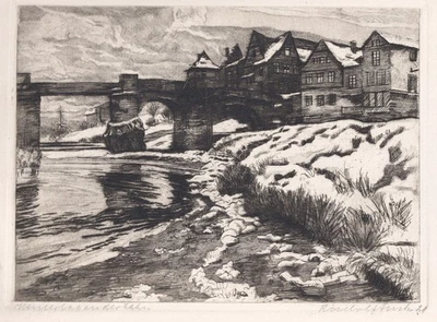 Radierung - Winterland an der Lahn 1920 ( Rudolf Fuchs ) - Bild 1 von 3