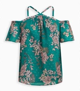 Torrid Cold Shoulder Halter Top Womens Plus Size 5X Green Floral Crinkle Chiffon - Picture 1 of 8