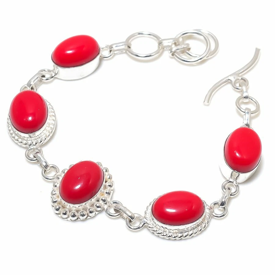 Italian Red Coral Handmade Gemstone 925 Sterling Silver Jewelry Bracelet Sz 7-8" - Image 1 of 1