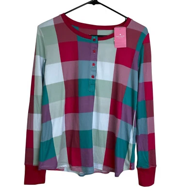 Pijama Kate Spade Henley manga longa pequeno xadrez botão rosa multi algodão - Imagem 1 de 4