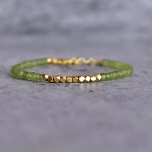 Golden Pyrite & Peridot 2 Multi Faceted Rondelle Gemstone Beaded Bracelet 6-8" - Picture 1 of 8