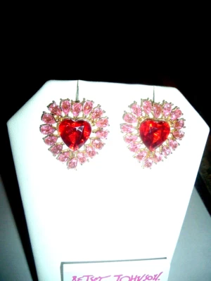 PINK Crystal Surrounding RED Center HEARTS Betsey Johnson Pierced EARRINGS-NWT - Image 1 of 4