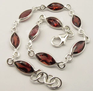 DEAL OF THE DAY 925 Silver Marquise Garnet Chain Bracelet 7.9" Women's Jewelry - Picture 1 of 2