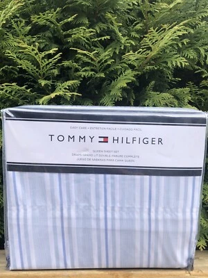 New Tommy Hilfiger 4 Piece QUEEN Sheet Set Stripes Blue, White  60% Cotton - Image 1 of 4