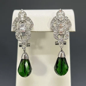 Art Deco Rhinestone Earrings Green Crystal Dangle Drop Pierced Omega Silver Tone