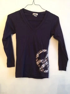 S (7/8) So Nikki Navy Blue Long Sleeve V-Neck Tshirt with Plaid Patch - Picture 1 of 6