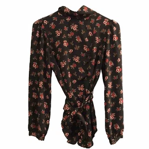 Zara Chiffon Floral Print Mock Neck Tie Balloon Sleeve Blouse Top S Small Black - Picture 1 of 8