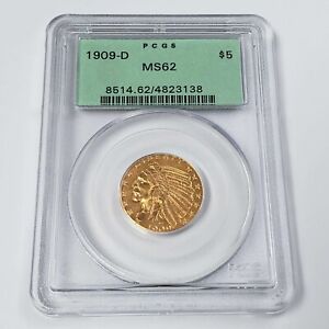 1909 D US Indian Head $5 Dollar Gold Half Eagle PCGS MS62 Green OGH Coin CV3138