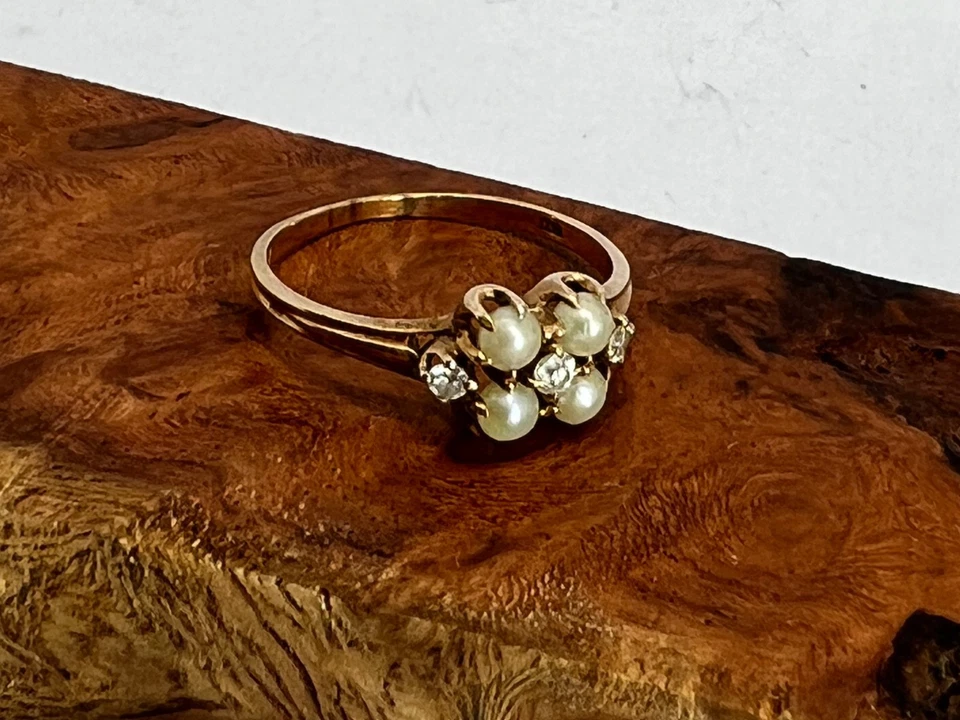 Винтажное кольцо из желтого золота 10 карат размер 7 1/4 белое семя жемчуг и бриллианты викторианский - Изображение 1 из 4