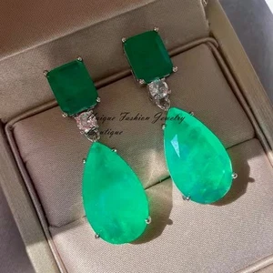 18k Platinum Plated 24c Lab-Created Green Emerald Earrings Over Sterling Silver - Picture 1 of 13