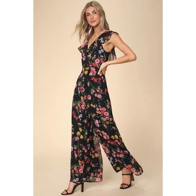 NWT Lulus Blooming Love Black Floral Print Ruffled Jumpsuit US Sz Large Sold Out - Image 1 of 4