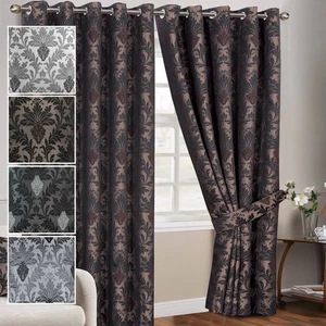 Ready Made Fully Lined Jacquard Eyelet Curtains For Living Room Windows (Pair) - Picture 1 of 32