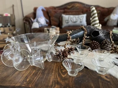 复古透明光滑玻璃沙碗带匹配 10 杯设计包括 鱼钩 — 第 1/4 张图片