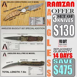 #Angless #Damascus Folding Knife #Set of 3 Knife #Handmade #Lot 4 - Picture 1 of 21