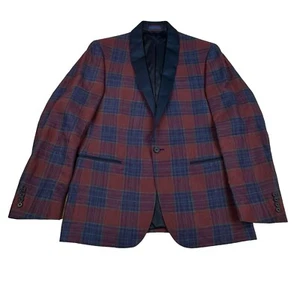 Ryan Seacrest Distinction Men's Cranberry Plaid Linen Tuxedo Jacket 38R - Picture 1 of 22
