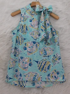 Tyler Boe Top Women's Sz M Blue Pink Fish Print Sleeveless Tie Neck #1190 - Picture 1 of 15