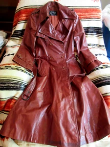 BEGED-OR VTG LEATHER TRENCH COAT SIZ 10 SUNSET BROWN ISRAEL LINED DBL BREAST 70s - Picture 1 of 19