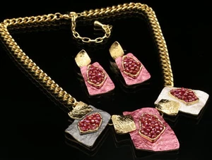 NEW Particular red bead gray peach enamel statement collar necklace earrings S97 - Picture 1 of 4