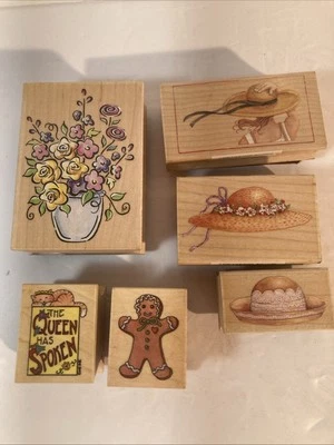 LOTE de 6 estampillas de goma con flor de pan de jengibre sombrero multimedia toda la noche Foto 1 de 4