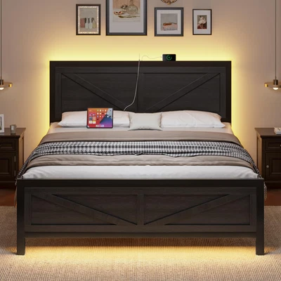 LED Bed Frame King Size with Charging Station Black Wood Platform Bed NEW - Image 1 of 4