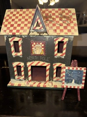 Wooden SALT BOX House Hand Painted Christmas North Pole Folk Art 1998 Mills Rive - Image 1 of 4