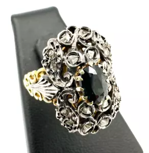ANELLO ORO GIALLO 14K ARGENTO 925 ZAFFIRO E ROSETTE ANTICO VINTAGE MADE IN ITALY - Foto 1 di 14