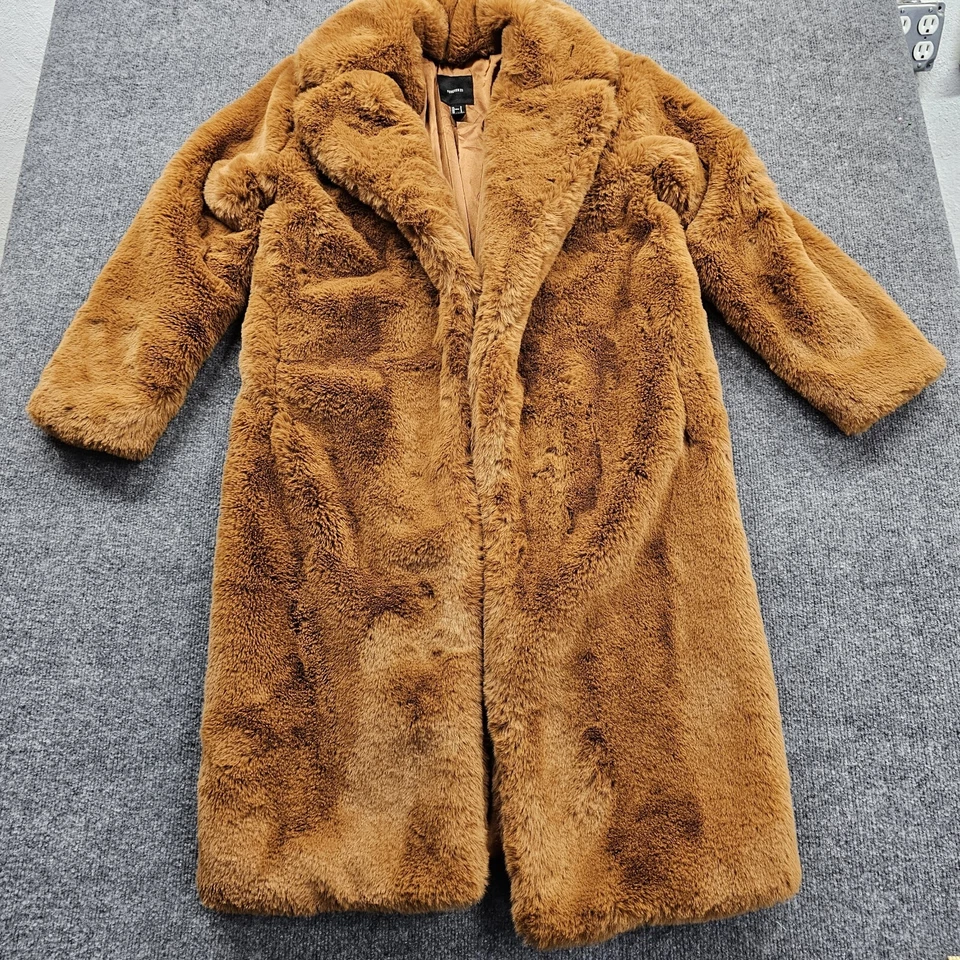 Abrigo largo de invierno Forever 21 de piel sintética para mujer pequeño naranja frente abierto de lujo mullido Foto 1 de 4
