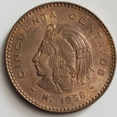 México 1956 50 centavos, AU+; KM# 450; sin circular; buen tono, ¡ver TODAS las fotos! Foto 1 de 2