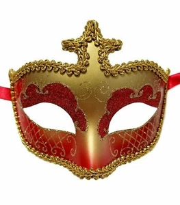 Red Gold Glitter Masquerade Costume Mask Halloween New Years Party - Picture 1 of 2