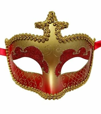 Red Gold Glitter Masquerade Costume Mask Halloween New Years Party - Image 1 of 2