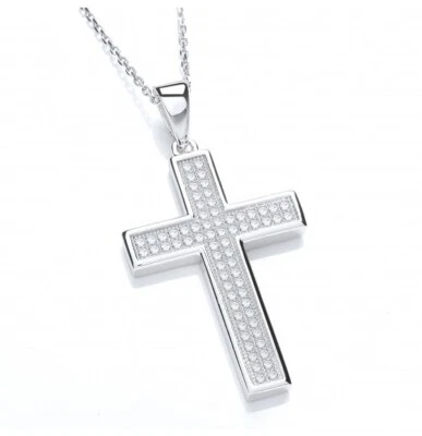 Pave Cross With Chain Solid Sterling Silver Luxurious Packaging - Image 1 of 4