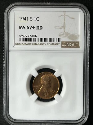 1941-S 1C RD  Lincoln Wheat One Cent NGC MS67+RD  6697277-002 - Image 1 of 2