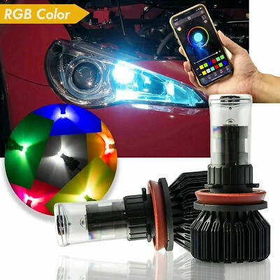 APP BT Control H8 H9 H11 Car RGB LED Headlight Driving Fog Light Bulbs Ballast - Image 1 of 4