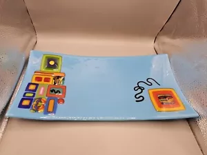 TURQUOISE BLUE FUSED ART GLASS TRAY / PLATTER, MULTICOLOR, 15.5" X 7.5", - Picture 1 of 3
