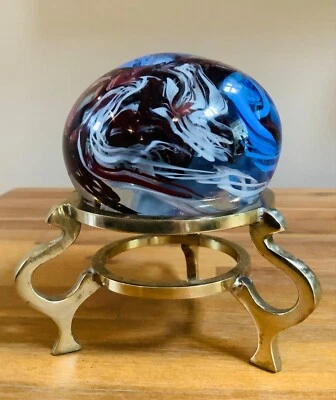 "Pisapapeles David Goldhagen 3"" arte abstracto vidrio púrpura y azul remolinos firmado 84" Foto 1 de 4