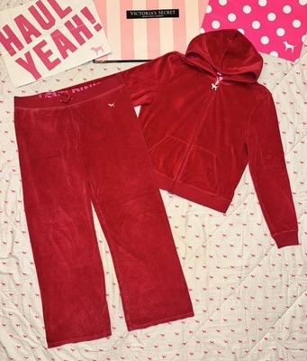 VS PINK VINTAGE Y2K 2005 VELOUR TRACKSUIT SET RED HOODIE FLARE PANTS DOG RARE L - Image 1 of 4