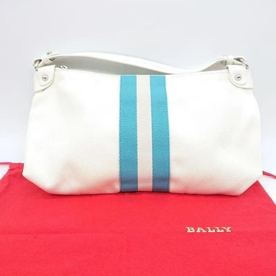 BALLY Canvas Handbag White Turquoise Beige Stripe Used Japan - Image 1 of 4