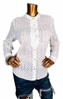 Ruby Rd. Camisa 14 o L Top Blanco Ojales Crochet Shell Abotonada Larga Slvs Crew Foto 1 de 4