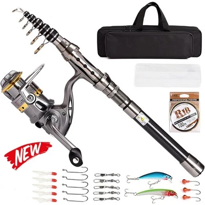 Telescopic Fishing Rod and Reel Combo Full Kit Carbon Fiber Rod Pole W/ Line&Bag - Image 1 of 4