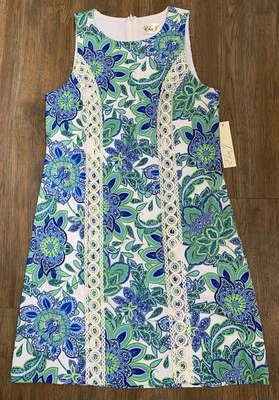 Eliza J Lace Floral Shift Dress Blue Green Tropical Lined Sleeveless Size 6 NEW - Image 1 of 4