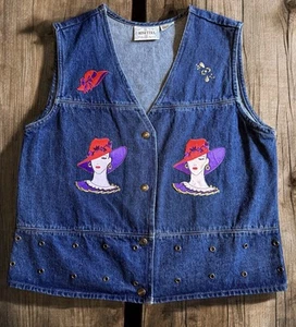VTG ROSETTES Appliqued Denim Vest Size M Denim 4 Boutons Ladies W/ Red Hats - Picture 1 of 9