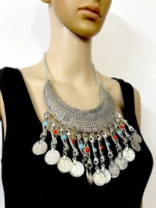 N7782 Belly Dance Tibet Gypsy Dangle Glass Coin Banjara Choker handmade Necklace - Picture 1 of 11
