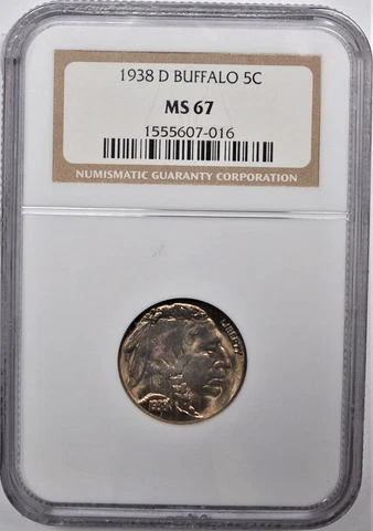 1938-D 5C INDIAN HEAD BUFFALO NICKEL SHINY LUSTROUS NGC MS 67 HIGHEST GRADES Cover