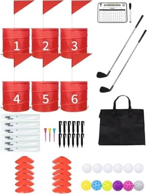WOODGOD Backyard Golf Game with 2 Clubs,6 Bucket for Golf Practice Yard Game,Golf Chippi