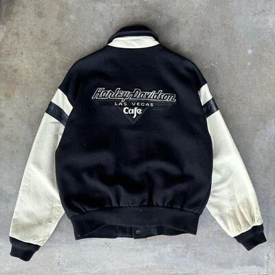 Vtg Harley Davidson Jacket Varsity Coat Leather Wool Las Vegas Cafe Size S Black - Image 1 of 4