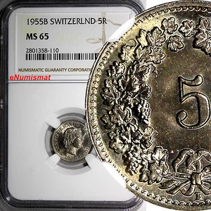 SWITZERLAND Copper-Nickel 1955 B 5 Rappen NGC MS65 HELVETICA KM# 26 (110) - Picture 1 of 3