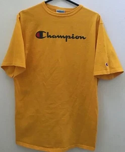 Vintage Champion Short Sleeved Spellout T-Shirt Men Size L Yellow Script - Picture 1 of 3