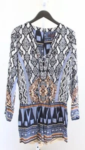 Hale Bob Geometric Snakeskin Print Long Sleeve Lace Up V Neck Romper Size M Blue - Picture 1 of 8